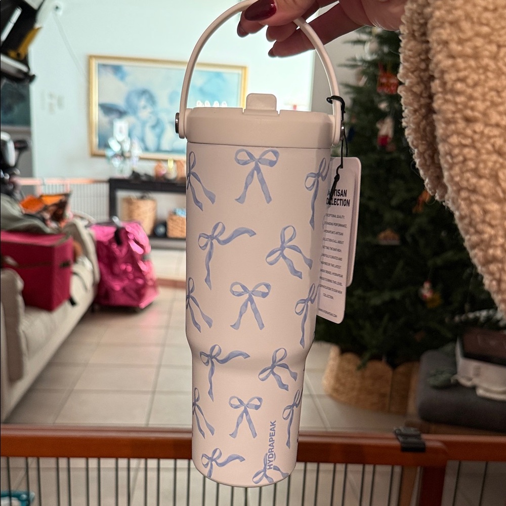 White Tumbler with Blue Bow Design